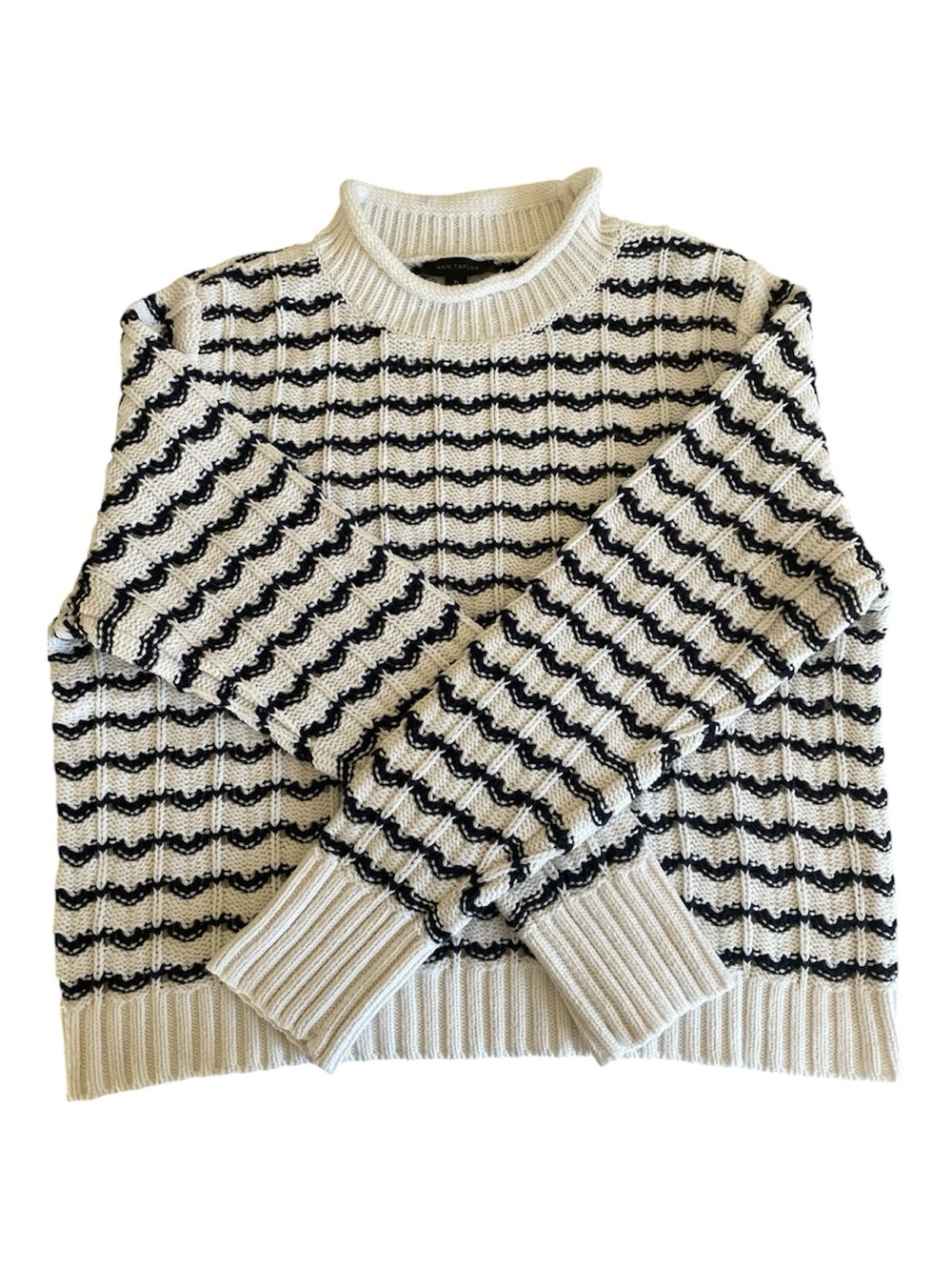 Ann Taylor Cream Ribbed Open  Knit Sweater with Navy Detail